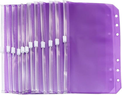 Purple PVC Binder Pockets 12pcs A6 Binders Zipper Pouch Bag Loose Leaf 6 Holes PVC Zip Organizer Folder for Journal Budget Filing Pocket Bags