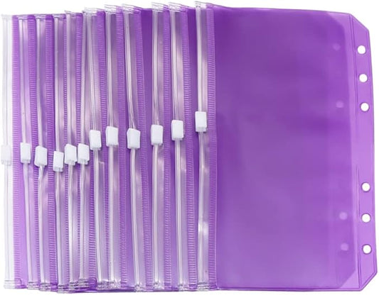 Purple PVC Binder Pockets 12pcs A6 Binders Zipper Pouch Bag Loose Leaf 6 Holes PVC Zip Organizer Folder for Journal Budget Filing Pocket Bags