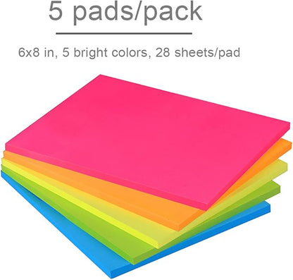 Vanpad Sticky Notes 6x8 in Bright Stickies Colorful Super Sticking Power Memo Pads Strong Adhesive 5 Pads/Pack 28 Sheets/pad