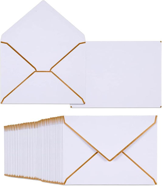 50 Pack White A4 Envelopes 4x6 Self-Adhesive V Flap Envelopes with Gold Border for Office, Greeting Card, Wedding, Graduation, Baby Shower, Parties, Invitations (4.25x6.25 inches)