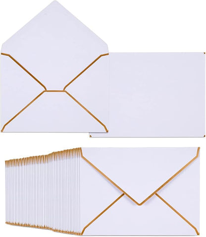 50 Pack White A6 Envelopes 4x6 Self-Adhesive V Flap Envelopes with Gold Border for Office, Greeting Card, Wedding, Graduation, Baby Shower, Parties, Invitations (White, 4x6)