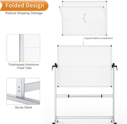 VIZ-PRO Double-Sided Mobile Whiteboard, 48 x 48 Inches, Magnetic Rolling Dry Erase White Board on Wheels with Aluminium Frame and Stand