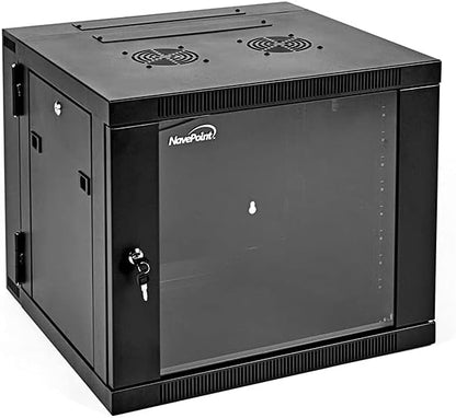 NavePoint 9U Server Cabinet with Hinged Back - 25.5” Deep, 9U Server Rack Enclosure with Locking Glass Door, Wall Mount Rack with Removable Side Panels, 9U Network Cabinet with 2 Fans, Pre-Assembled