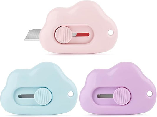 3Pcs Mini Paper Cutter Box Cutter Retractable with Key Chain Hole, Portable Letter Opener with Cute Cloud Shape, School And Office Supplies,Office Supplies