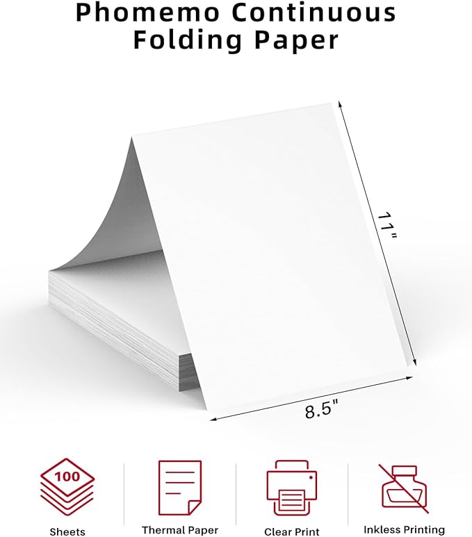 Phomemo US Letter Folding Thermal Paper,Continuous Phomemo M08F Thermal Paper,Compatible with COLORWING M08F, M832, M834, Compatible with HPRT MT800/MT800Q Printer, Size 8.5" x 11",100 Sheets