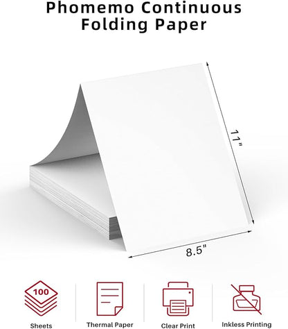 Phomemo US Letter Folding Thermal Paper,Continuous Phomemo M08F Thermal Paper,Compatible with COLORWING M08F, M832, M834, Compatible with HPRT MT800/MT800Q Printer, Size 8.5" x 11",100 Sheets