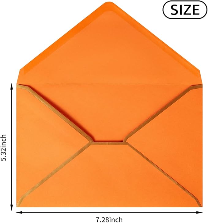 50 Pack Dark Orange A7 Envelopes 5 x 7 Self-Adhesive V Flap Envelopes with Gold Border for Office, Greeting Card, Wedding, Graduation, Baby Shower, Parties, Invitations (5x7 inches)