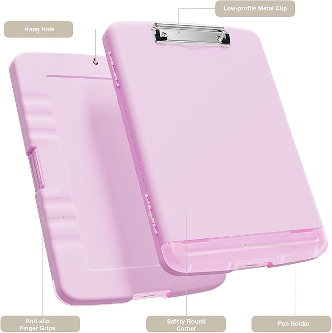 Piasoenc Clipboard with Storage, 8.5 x 11 Organization Box with Pen Holder and A4 Legal Paper Folder, Heavy Duty Plastic, Folio & Side-Opening, Low Profile Clip, for Teachers, Lawers, Deep Pink