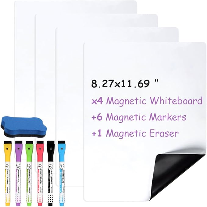 Magnetic Dry Erase Board Sheet for Fridge 4 PCS, 12"X8" Erasable Refrigerator Small Magnet WhiteBoard, Include 1 Eraser, 6 Markers
