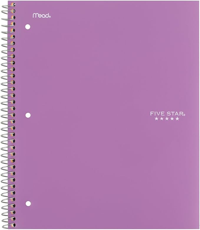 Five Star Spiral Notebook, 5 Subject, Wide Ruled Paper, Fights Ink Bleed, Water Resistant Cover, 8" x 10-1/2", 200 Sheets, Color Will Vary (05206)