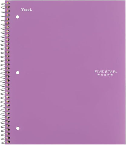 Five Star Spiral Notebook, 5 Subject, Wide Ruled Paper, Fights Ink Bleed, Water Resistant Cover, 8" x 10-1/2", 200 Sheets, Color Will Vary (05206)