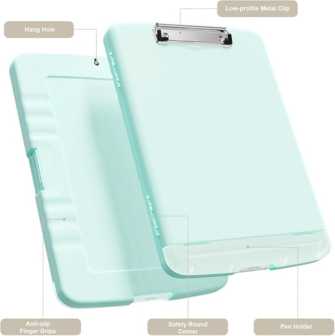 Piasoenc Clipboard with Storage, 8.5 x 11 Organization Box with Pen Holder and A4 Legal Paper Folder, Heavy Duty Plastic, Folio & Side-Opening, Low Profile Clip, for Nurses, Teachers, Blue