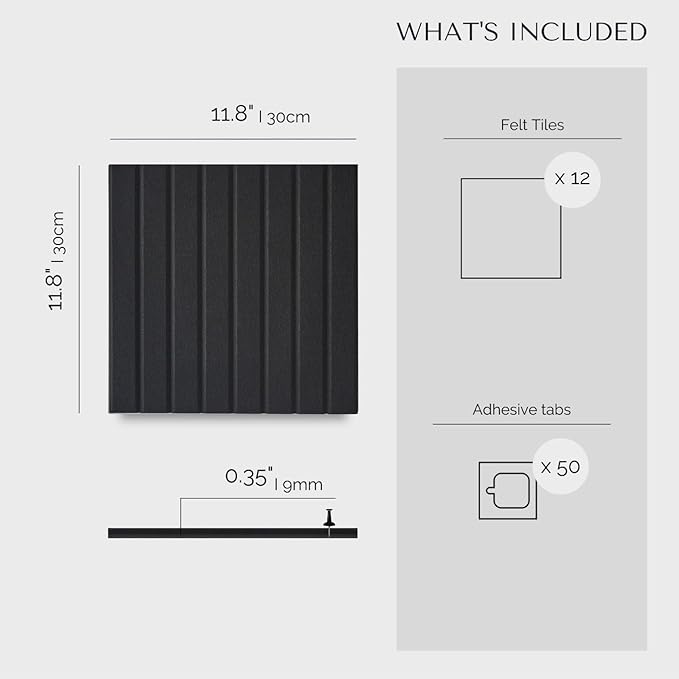 Large Cork Boards for Walls Black Felt Board Alternative - Slat Wall Paneling, Felt Bulletin Board Tiles for Office Decor, Push pin Board Office Wall Organizer -12-Pack (Black)