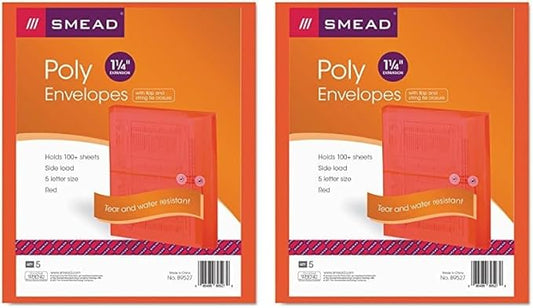 Smead Poly Envelope, 1-1/4" Expansion, String-Tie Closure, Side Load, Letter Size, Red, 5 per Pack (89527) (Pack of 2)