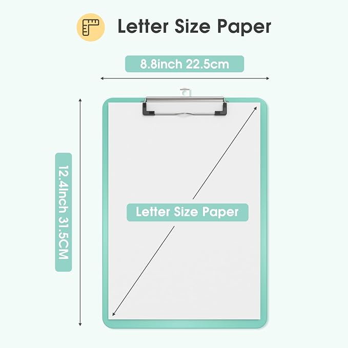Plastic Clipboards 6 Pack, A4 Teal Clip Board 8.5x11 for Classroom, Students, Kid, Woman, Size 9" x 12.5" with Low Profile Clip, Office & School Supply