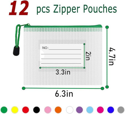AUSTARK Plastic Mesh Zipper Pouch, 12Pcs Zipper File Bags with Label Pocket, Game Boards Storage Bags, Waterproof Document Storage Bags for Office Home Travel Cosmetic (A6 Size 6.3x4.7 in)