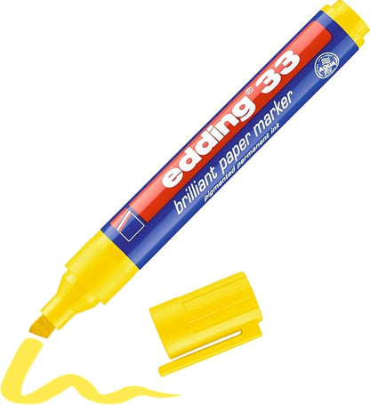 edding 33 brilliant paper marker - yellow - 1 waterproof permanent marker - chisel nib 1-5 mm - vibrant colours - lightfast marking on paper, card, cardboard, plastic, metal and glass