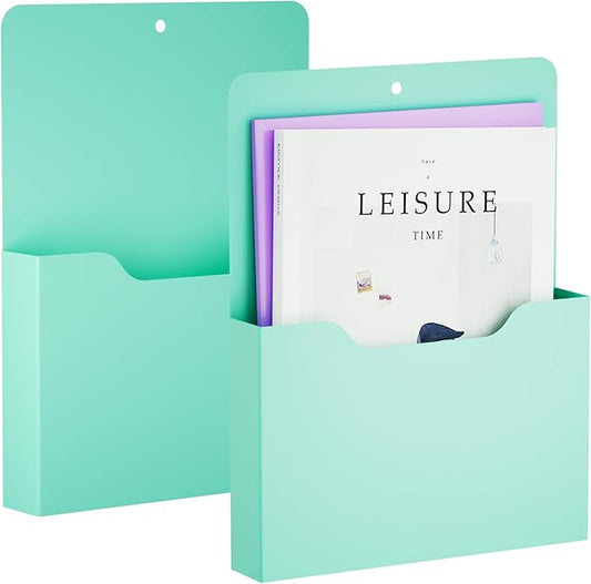 2 Pack Magnetic File Holder - Paper Holder, Pocket Organizer,Hanging Wall File Organizer Office Supplies Storage, Magazine Mail Organizer Case for Notebooks,Planners,Letter (Green)