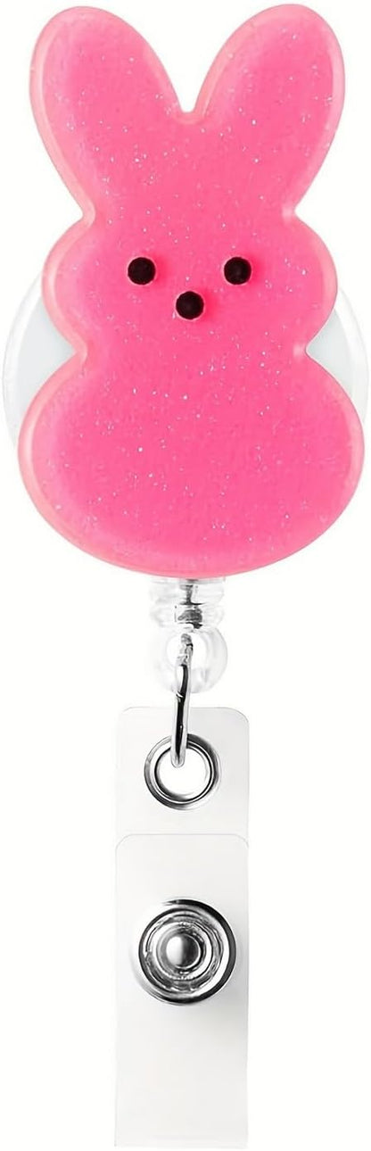 Easter Badge Reels Nurse Badge Reel,Funny Badge Reel,Cute Pink Bunny ID Name Badge Holder Full Cover Retractable Acrylic Clips for Office Teacher Student Nurse Doctor