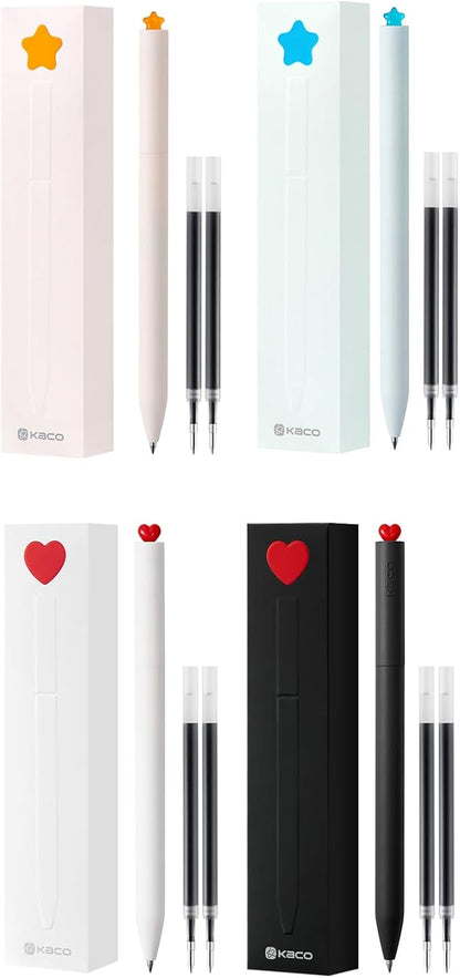 Kaco FIRST Gel Pens, Cute Stationery, 4 Pieces with Extra 8 Black Refills Cute Heart Star Pen Set (2 Star & 2 Heart)