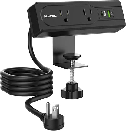 Desk Clamp Power Strip, 10FT Outlet Station with 2 Outlets, PD 20W Fast Charging, Flat Plug, 16 Gauge, Black Power Strip with USB C, Fit 1.72" Tabletop Edge
