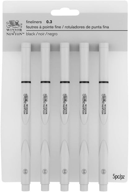Winsor & Newton Fineliner Fine Point Pen Set, 0.3 mm Tip, Set of 5, Black
