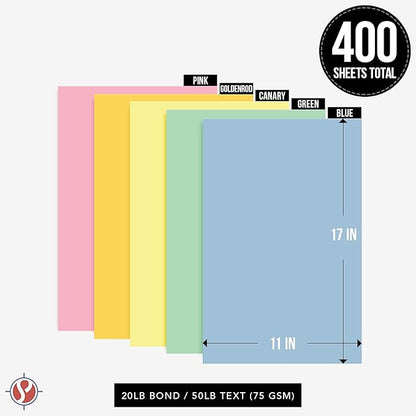 Pastel Color Paper, 11 x 17" Multi-Color Bulk Paper for Spring & Easter Greetings, Art & Crafts, Invitations | Regular 20lb Bond | 80 Blue, 80 Pink, 80 Green, 80 Canary, 80 Goldenrod (400 Total)