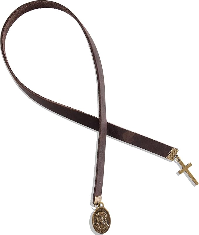 Bookmarks, Handmade Retro Cross Bible Bookmark with Long Leather Straps, Oval Tag Christian Saint Book Mark, Ideal Christian Gift (Style 7)