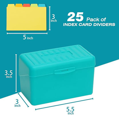 H4D Index Card Holder 3x5 Inches with 25 Plastic Dividers, Teal