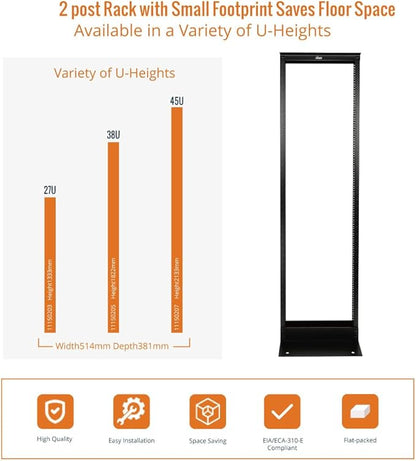2-Post 38U Open Frame Server Rack for 19inch AV/Data/IT Network Equipment,with Tapped Hole
