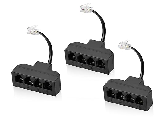 RJ11 Cable 4 Way Telephone Splitter 3 Pack, Black, Splitter 6P4C Connector Phone Line Cord Adapter with Cable for Landline Telephone Wire, Suitable for Telephone, Fax Machine