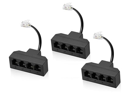 RJ11 Cable 4 Way Telephone Splitter 3 Pack, Black, Splitter 6P4C Connector Phone Line Cord Adapter with Cable for Landline Telephone Wire, Suitable for Telephone, Fax Machine