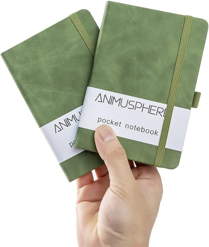 2Pack Pocket Notebook Small Notebook Journal Notebook 4 inches x 5.7 inches 200 Pages Leather Cover With Pen Holder Page Marker Ribbons(Green)
