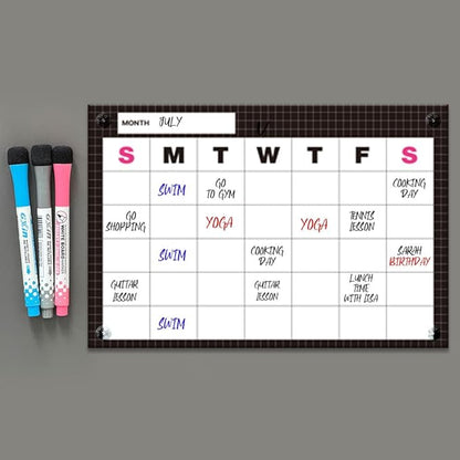 GEEKBEAR Dry Erase Refrigerator Calendar with 3 Markers - Attachable to Any Fridge with Special Suction Cups - Monthly and Weekly Designs, Acrylic - 15.7" x 10.6" (05. Black, Monthly)