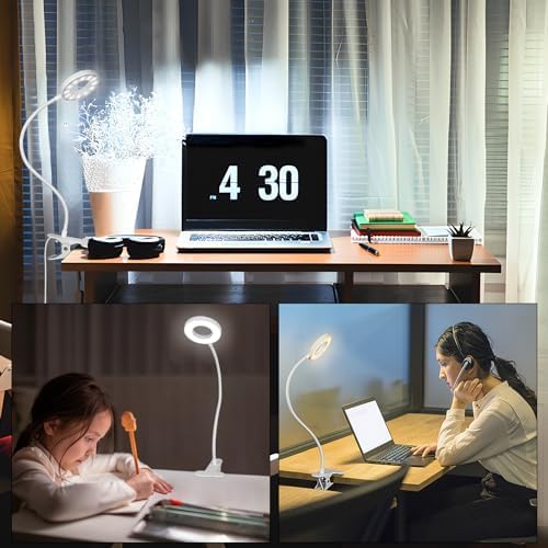 Desk Clip on Lamp for Reading Home Office, with 5V 2A Adapter, 10 Dimmable Brightness 3 Modes, Clamp Reading Light for Bed Headboard, Craft (White)…