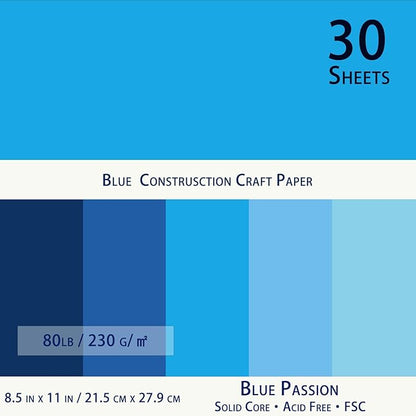 Blues Cardstock 8.5 x 11 Craft Paper Cover Stock Stash Pack- Blue Tones Assorted Colored Scrapbook Paper 80lb Card Stock for Construction Crafts, Embossing, Quilling, Cardmaking-30 Sheets