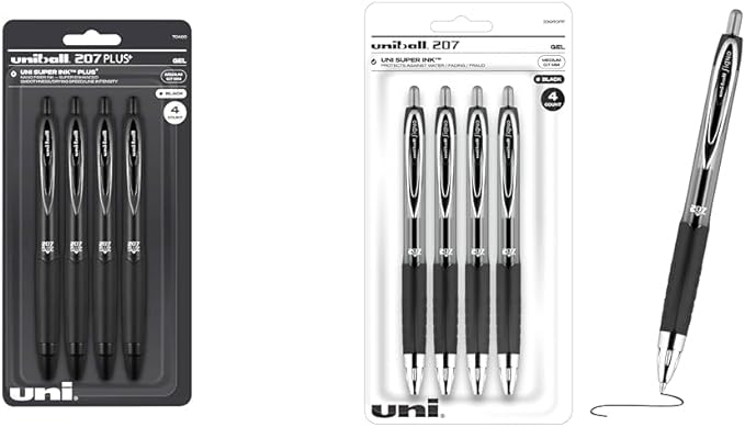 Uniball Signo 207+ Gel Pen 4 Pack, 0.7mm Medium Black Pens & Uniball Signo Gel 207™ Retractable Gel Pens, Medium Point, 0.7 mm, Clear Barrel, Black Ink, Pack Of 4