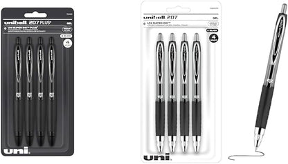 Uniball Signo 207+ Gel Pen 4 Pack, 0.7mm Medium Black Pens & Uniball Signo Gel 207™ Retractable Gel Pens, Medium Point, 0.7 mm, Clear Barrel, Black Ink, Pack Of 4