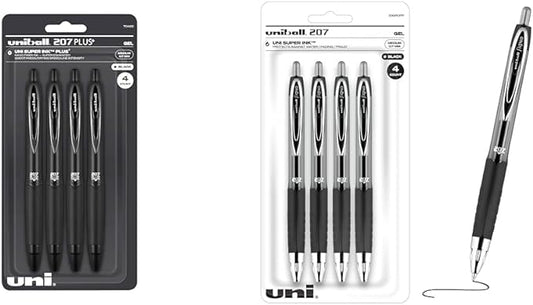 Uniball Signo 207+ Gel Pen 4 Pack, 0.7mm Medium Black Pens & Uniball Signo Gel 207™ Retractable Gel Pens, Medium Point, 0.7 mm, Clear Barrel, Black Ink, Pack Of 4