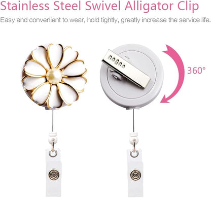 Retractable Badge Holder, ID Badge Reel with Pearl, 3 Pack (White)