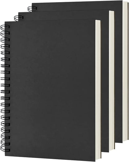 Blank Spiral Notebook, 3-Pack, Soft Cover, Sketch book, 100 Pages / 50 Sheets, 7.5 inch x 5.1 inch, 100GSM, (Black)