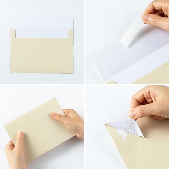 Wishop 50 Pack Shiny Self-Adhesive Envelopes with Shiny Fold Cards for Wedding Invitations, Greeting Cards, Baby Shower, Letter Mailing (Cream Color, 5x7)