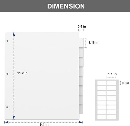 3 Ring Binder Dividers with 8 Tabs, 12 Set 8 Dividers Binder, 1/5 Cut Tabs, Letter Size Binder Dividers White, Sheet Protectors 8.5" x 11", 3 Hole Punch Dividers 8 Tab Sets, Total 96 Dividers