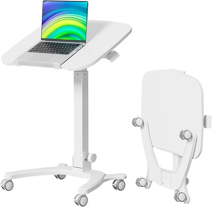 Foldable Mobile Standing Desk, 27"×21" Portable Rolling Laptop Desk with 90° Tiltable Board, Height Adjustable Mobile Desk Workstation with Wheels, Folding Desk for Home Office, White
