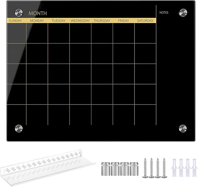 Glass Dry Erase Whiteboard,Monthly Calendar Whiteboard,18" x 24",Frameless Glass White Board for Home,School,Office,Blace Surface(GlassA-BK-4560)