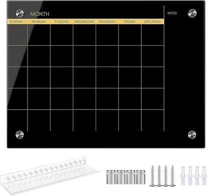 Glass Dry Erase Whiteboard,Monthly Calendar Whiteboard,18" x 24",Frameless Glass White Board for Home,School,Office,Blace Surface(GlassA-BK-4560)