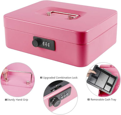KYODOLED Safe Metal Cash/Money Box with Combination Lock, Money Tray for Security 9.84"x 7.87"x 3.54" Pink, Large
