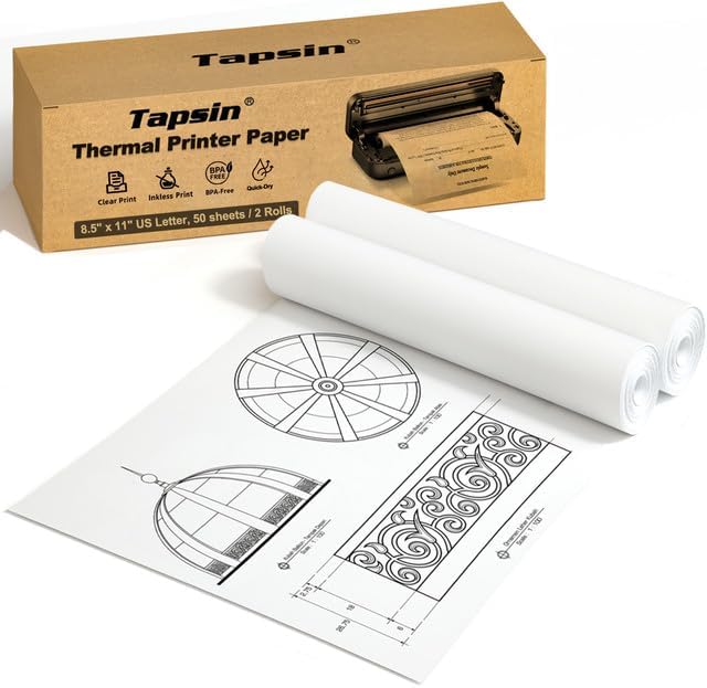 Thermal Printer Paper 8.5 x 11 Inch, US Letter Size Quick-Dry Thermal Printing Paper Rolls, Thermal Paper Compatible with M08F-Letter, M832, M834, MT800, MT800Q Portable Printer, 50 sheets / 2 Rolls