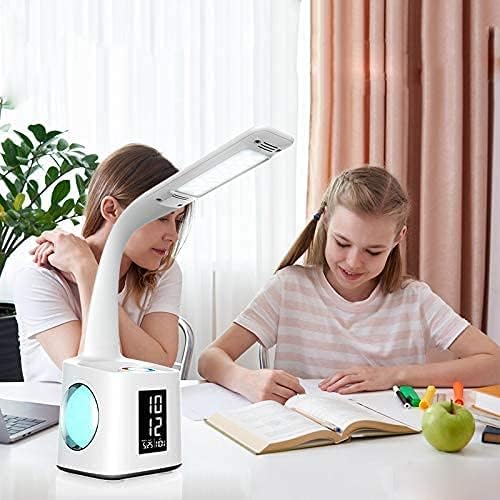 Study Desk Lamp with USB Charging Port&Screen&Calendar&Color Night Light, Kids Dimmable LED Table Lamp with Pen Holder&Clock, Reading Light for Students,10W