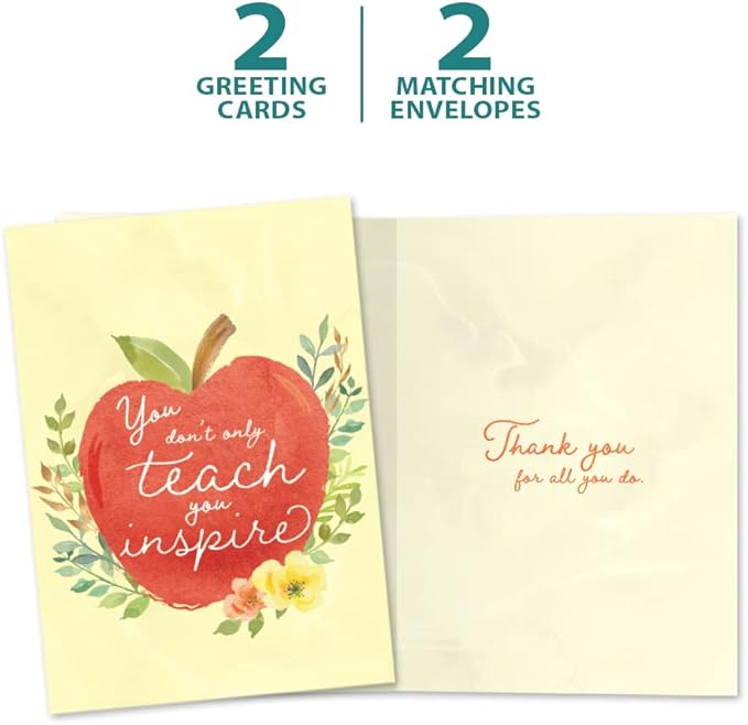 Tree-Free Greetings Teacher Appreciation Cards - Artful Designs - 2 Cards + Matching Envelopes - Made in USA - 100% Recycled Paper - 5"x7" - Heartfelt, For Teacher, You Inspire (GT64447)